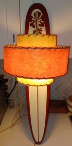 Rare Vintage Surfboard Wall Lamp w/ Fiberglass 3 Tiered Shade Tiki Hawaii Surf - Picture 1 of 7