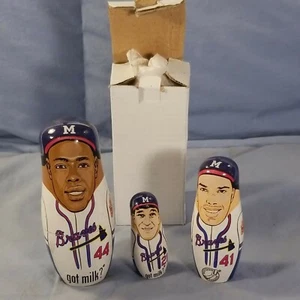 Vintage Milwaukee Braves SGA Wooden Nesting Dolls Set Hank Aaron Spahn Mathews - Picture 1 of 9