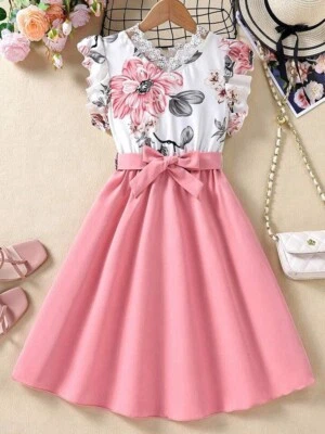 NWT SHEIN 11-12Y Tween Girl Floral Print Ruffle Trim Neckline Belted Pink Dress - Image 1 of 4