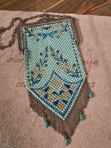 Antique Art Deco Enamel Mesh Purse Art Deco Flapper Era Bag Blue & Gold Floral - Picture 1 of 14