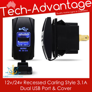 12V-24V 3.1A DUAL USB CHARGER BLUE BACK-LIT LED SWITCH BOAT/CARAVAN/CAR/4WD/UTE