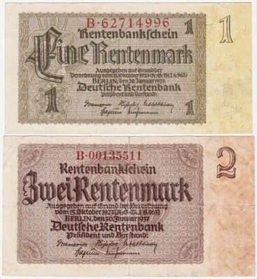 GERMANY P173 1 RENTENMARK 1937 aVF Series B & P174 2 RENTENMARK 1937 F Series B - Image 1 of 2