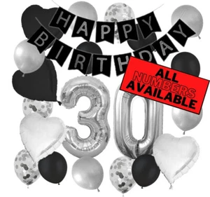 Deko zum 30. Geburtstag - silbernes und schwarzes Motiv - Luftballons, Banner - Ihn Her - Bild 1 von 6