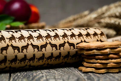 Wooden Rolling Pin Engraved Roller Embossed dough German Shepherd pattern   - Image 1 of 4