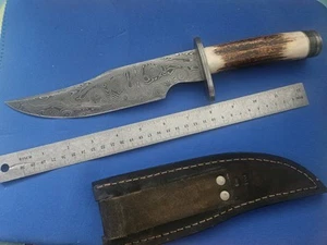 STEK Knives Craig Steketee 13" Damascus steel Bowie with stag handle and sheath - Picture 1 of 6