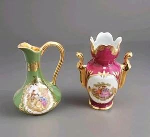 Vtg French Limoges Miniature Vases Emerald Green & Red Gold Courting Couple - Picture 1 of 8