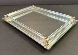 Vintage Spiegel Glas Waschtisch Tablett Plexiglas Schienen Messing Hollywood Glam Art Deco - Bild 1 von 11