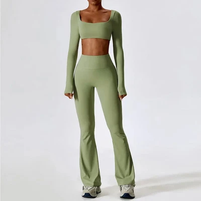 2 Pc Nylon Seamless Yoga Set Women Long Sleeve Crop Top Leggings Workout Suit - Image 1 of 4