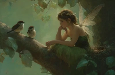 Vintage Butterfly Fairy Bird Oil Painting Home Decor Wall Art Printed On Canvas - Image 1 of 4