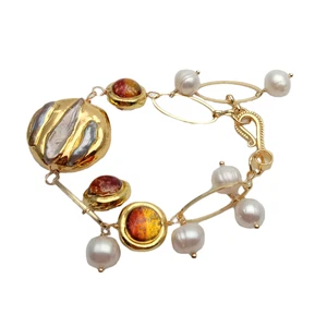 Cultured White Keshi Pearl Brown Murano Glass Beaded Bracelet - Picture 1 of 6