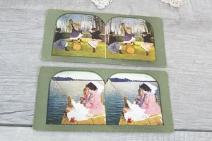 Stereoview Karten antike Frau Angeln mit Kind und Frauen auf Nähsäge 1898 - Bild 1 von 7