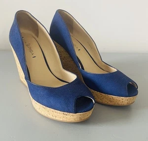 Via Spiga Wedge Sandals Women's Size 8.5M Blue Platform Peep Toe Beaded - Picture 1 of 11