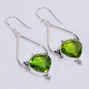 Peridot Gemstone Vintage Handmade 925 Sterling Silver Earrings 2.4" KE-479 A372 - Picture 1 of 6