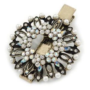 Vintage Inspired Clear Austrian Crystal, Glass Pearl Wreath Hair Beak Clip/ - Picture 1 of 6