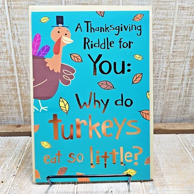 Hallmark Thanksgiving Greeting Card 6x8 Turkey Riddle Blue Gold Silly Humor - Image 1 of 4