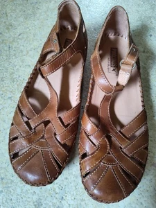 Pikolinos Women's T Strap Leather Sandals EU 37-US 6.5-7 Flats Brown Hook N Loop - Picture 1 of 13