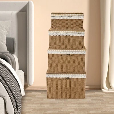 4 Pieces Light Brown Rustic Rectangular Woven Baskets With Handles Lace Lid - Image 1 of 4