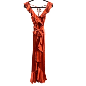Nuevo con etiquetas Vestido Show Me Your Mu Mu Samantha Volantes Largo Envolvente Naranja Quemado Talla XXS - Imagen 1 de 11