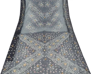 Sushila Vintage Gray Saree Pure Chiffon Silk Bandhani Printed Soft Craft Fabric - Picture 1 of 8
