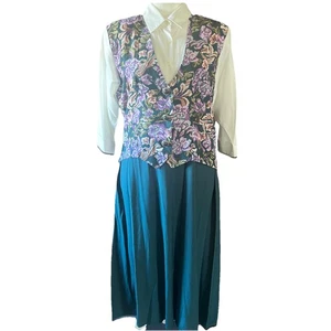 Vintage Caroline Wells Gr. 16 Viskose Kleid Blumen Mock Tapestry Weste Overlay 80er 90er - Bild 1 von 12