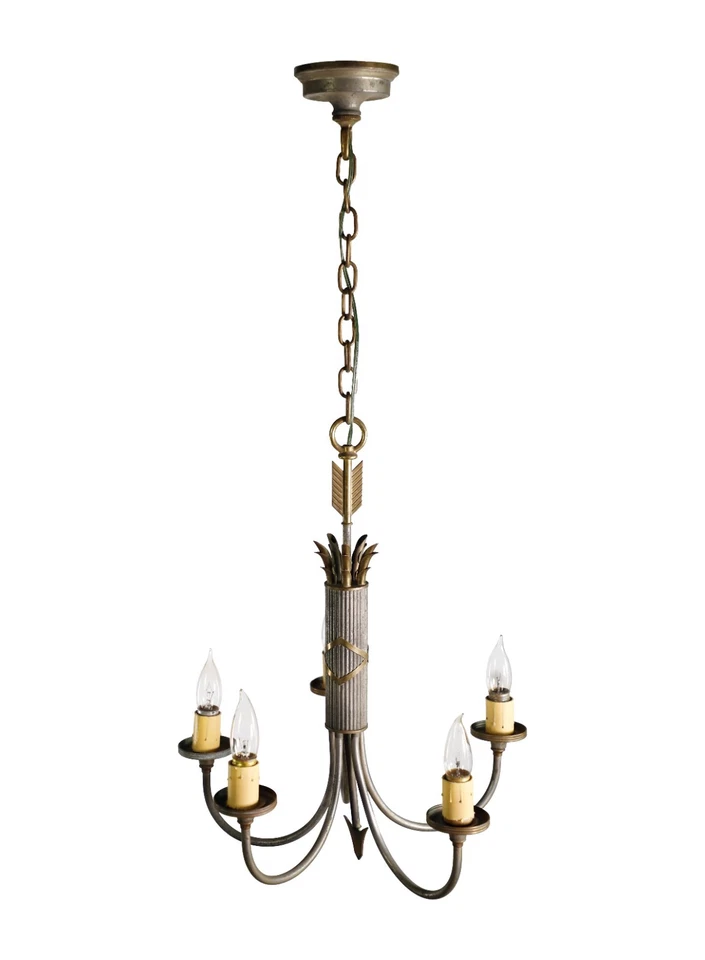 Art Nouveau 5 Arm Nickel Plated Brass & Steel Chandelier - Image 1 of 4