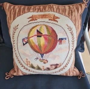 The Forbes Collection Wool Needlepoint Pillow Velvet Back HOT AIR BALLOON 1 - Picture 1 of 14
