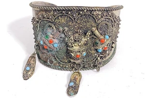 Antikes türkisches filigranes Türkis / Koralle 900 Silber Armreif Armband *lesen* - Bild 1 von 11