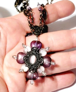 Victorian Style Drop Necklace Purple Lucite Pendant Bronze-toneblu3-39 - Picture 1 of 7