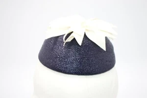 1950s Therese Aherns Lady’s Union Made Navy Blue Straw Pillbox Beanie Hat - Picture 1 of 5