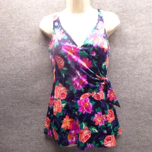 Maxine of Hollywood Swimdress Womens Size 16 Blue Fuschia Floral Skirt Tank - Picture 1 of 14