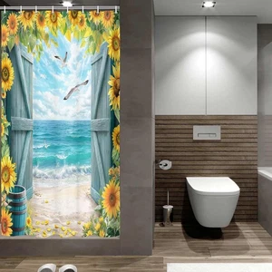 Blue Beach Barn Door Shower Curtain, Ocean Coastal Seaside Shower Curtains, R... - Bild 1 von 7