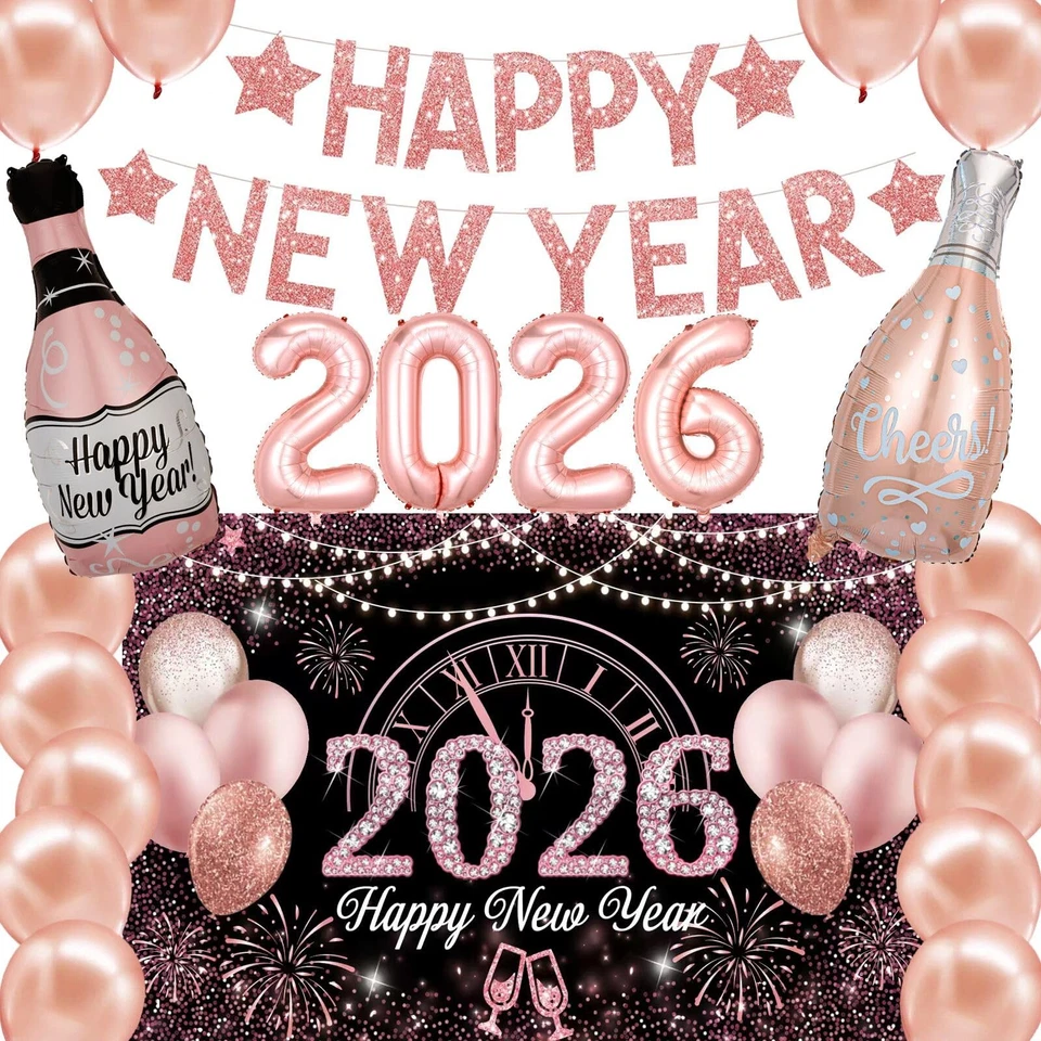 Suministros de Fiesta de Nochevieja 2026 Oro Rosa Feliz Año Nuevo Decoraciones Feliz... Foto 1 de 4