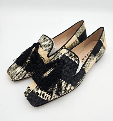 Prosperine Black Checked Raffia Loafers, Silk Tassels, EU 37.5, US 7, Italy - Image 1 of 4