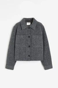 H&M Women's Wool Blend Shacket Crop Jacket Button Front Dark Grey Size Medium - Picture 1 of 15