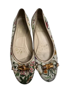 Gucci Multicolor Floral Print Leather and Canvas Bamboo Horsebit Ballet 7B US - Picture 1 of 10