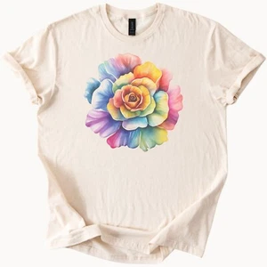 Buntes Aquarell Blume Grafik Shirt künstlerisch Regenbogen Blumen T-Shirt Geschenk - Bild 1 von 6