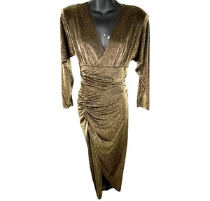 Alexa B Evening Metallic Black Gold Shimmering Dress Ruched Deep V Neck Sz 6 NEW - Picture 1 of 18