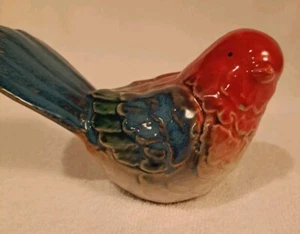 Pottery Bird Beautiful Texture Red Blue Signed Handcrafted Vibrant Artistic - Picture 1 of 15