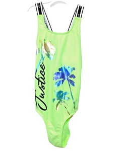 Justice Logo 1 Pc Swimsuit Girls L Neon Green Metallic Purple Palm NEW - Picture 1 of 5