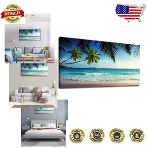 Stunning Large Coastal Canvas Wall Art - Ocean Waves & Coconut Trees 24" x 48" - Picture 1 of 9