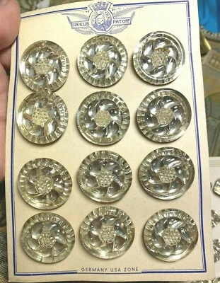 vintage buttons Germany USA Zone 27mm glass 1" round crystal 12 on Card - Image 1 of 4