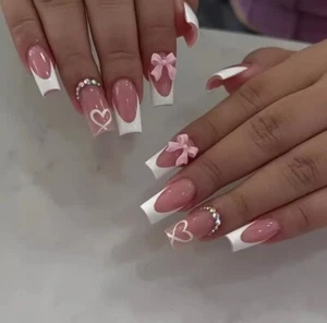 24 Long Square French Tip 3D Pink Bow Rhinestones Press On False Nails Brand New - Picture 1 of 5