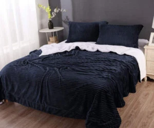 King Size Navy Stripe Flannel Sherpa Blanket & Comforter Set - Soft Bedding - Picture 1 of 1