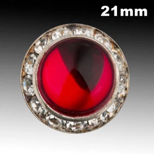 Vintage Silver Metal Button w/ Red Domed Cabochon & Rhinestones 21mm 40021024 - Picture 1 of 2