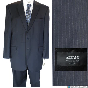 ALFANI~MINT!!~BLACK PNSTRP WOOL CASHMERE BLEND 44L SUIT FLAT FRONT PANTS 38X36 - Picture 1 of 17
