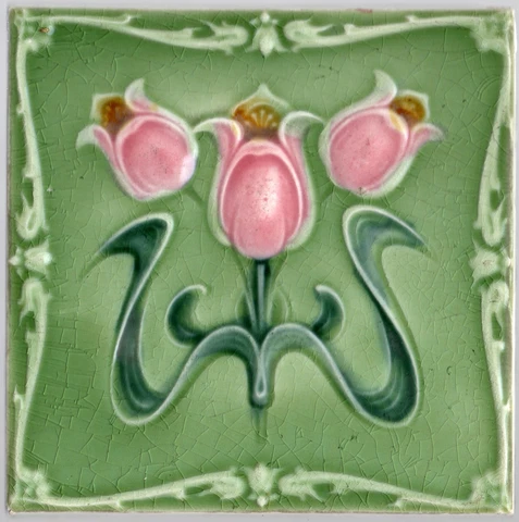 Reclaimed original period antique Art Nouveau Majolica tile rose & green flowers Cover