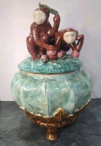 Majolica Sancai Pottery Cookie Jar Monkeys Leaves Peaches Greens Browns FLAWS 32 - Picture 1 of 17