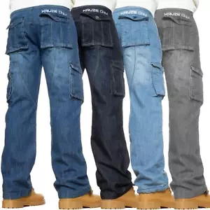Kruze Mens Combat Jeans Cargo Denim Trousers Casual Work Pants All Waists Sizes - Picture 1 of 18