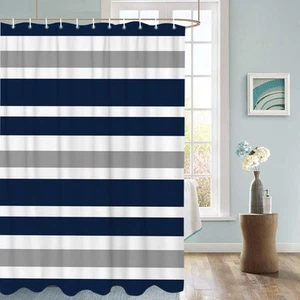 Striped Shower Curtain Navy Blue and Gray Blue and White Striped Shower Curta... - Picture 1 of 8