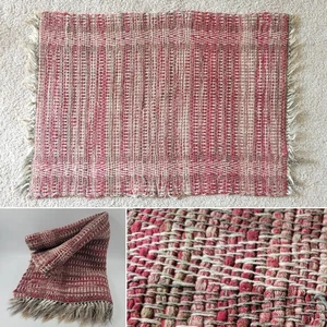 VTG Sweedish Handmade Cotton Rag Rug 22" X 31" Fringe Red Brown Striped - Picture 1 of 7
